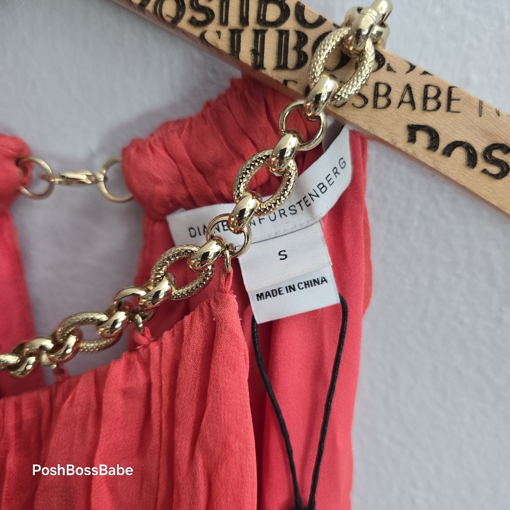 DVF AUBREY TWO OCEAN CORAL 100% SILK GOLD CHAIN NECKLINE BLOUSE SLEEVELESS - Picture 2 of 9